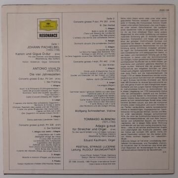 Vivaldi / Albinoni / Pachelbel, Wolfgang Schneiderhan, Festival Strings Lucerne, Rudolf Baumgartner – Die Vier Jahreszeiten / Adagio / Kanon & Gigue